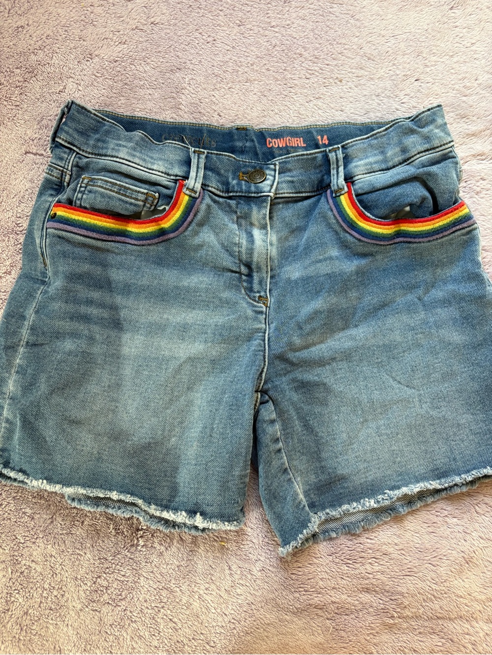 🌈 Girls Crewcuts Light Blue Denim Shorts with Rainbow Trim